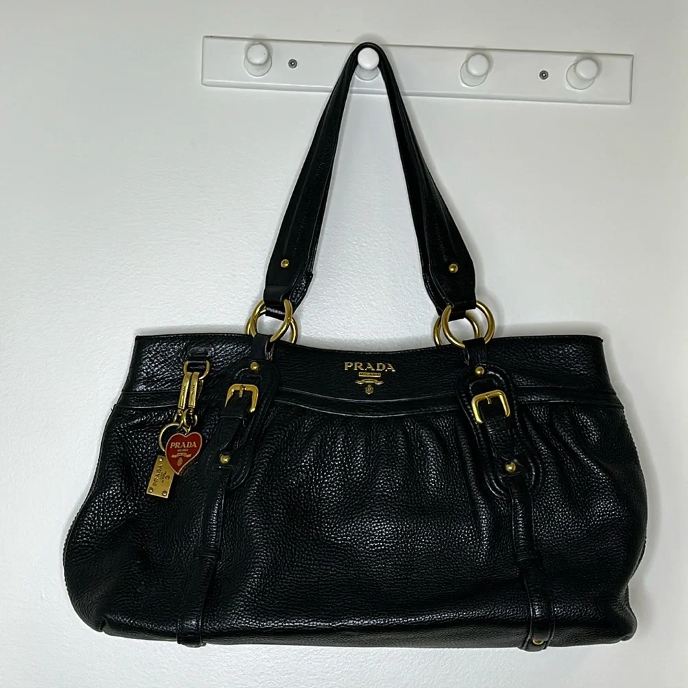 Prada | Bags | Vintage Leather Black Prada Large Shoulder Bag With